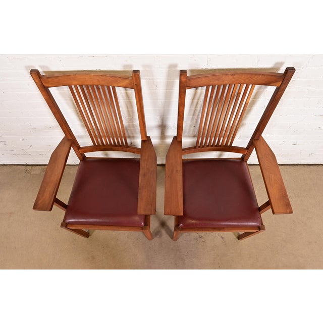 1990s Stickley Mission Arts & Crafts Cherry Wood Spindle Back Armchairs, Pair For Sale - Image 5 of 12