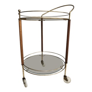 Mid-Century Modern Round Teak and Brass Bar Cart For Sale