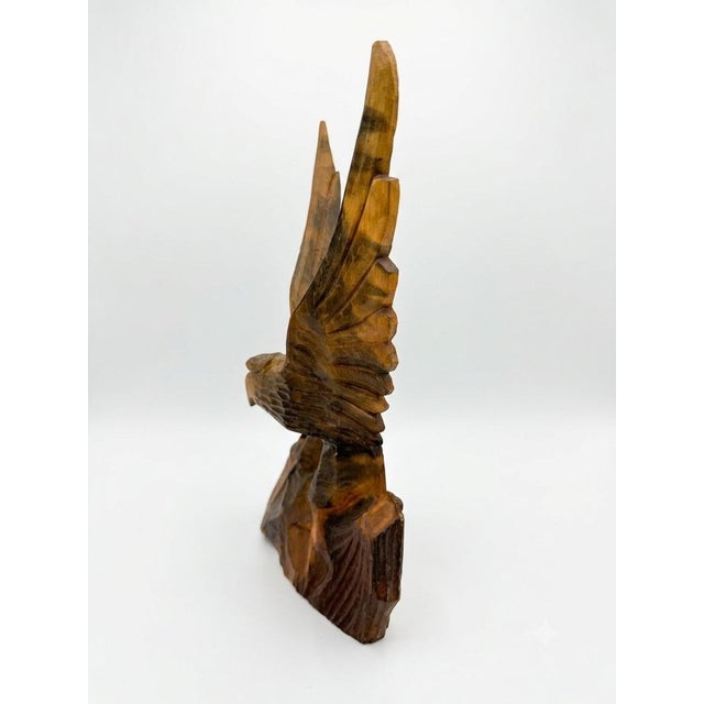 1978 Hand Carved Wooden Eagle Statue Perched on Stump Vintage Soviet Sakhalin Art For Sale - Image 4 of 5