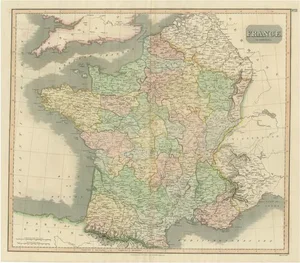 Large Antique Hand-Colored Map of France, 1814