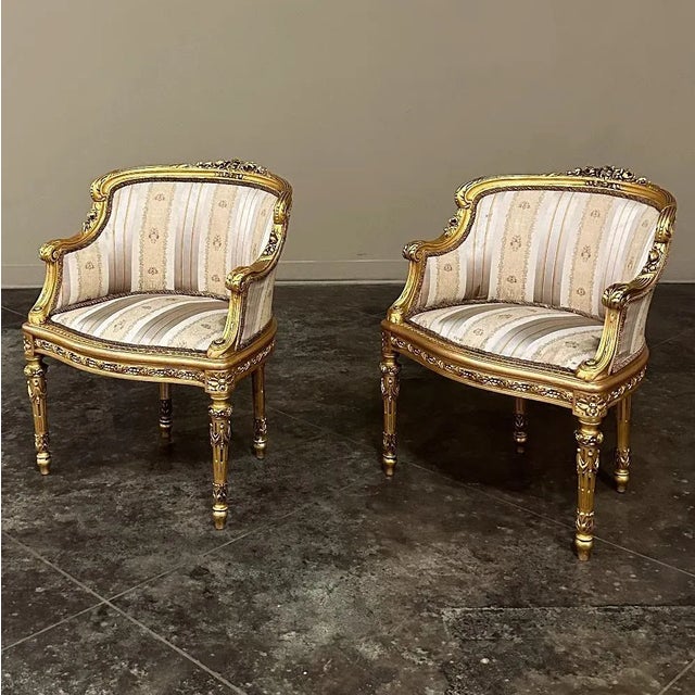 French Antique Italian Neoclassical Louis XVI Petite Giltwood Bergeres ~ Armchairs For Sale - Image 3 of 13