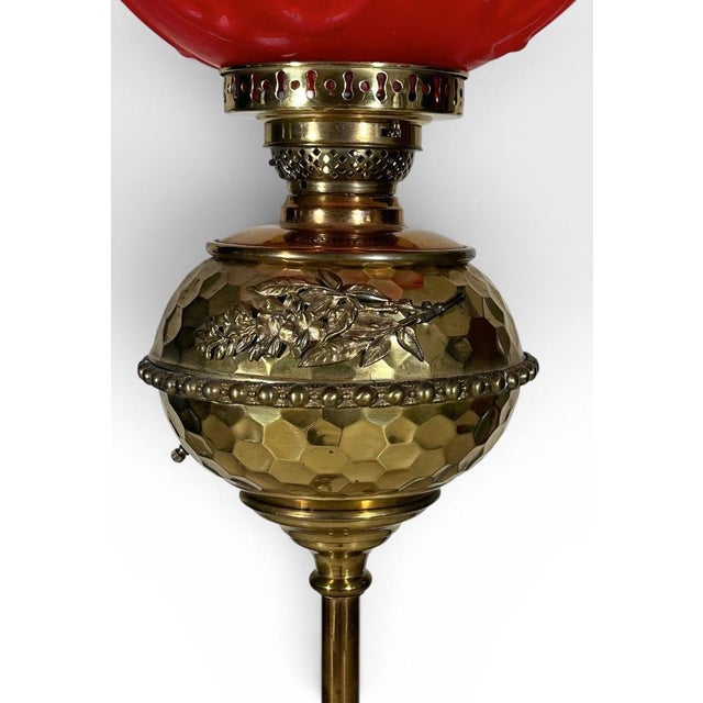 Metal Late 19th Century Victorian Brass and Red Satin Glass Griffin Piano Floor Lamp For Sale - Image 7 of 18