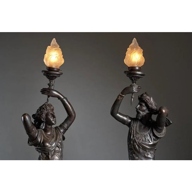 Large Sculptural Male and Female Lamps in Bronze, 1920s, Set of 2 For Sale - Image 3 of 12