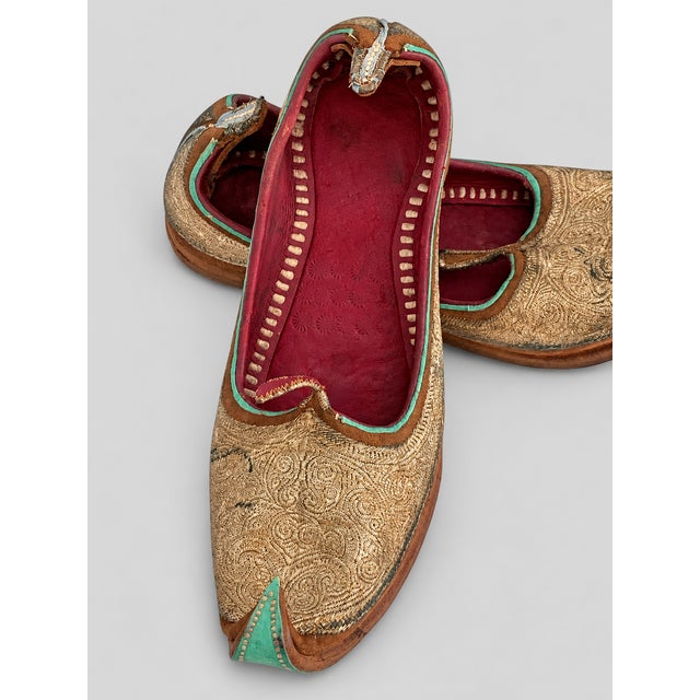 Antique Indian Gold-Embroidered Leather Mojari Shoes, Circa 1870–1910, Pair For Sale - Image 12 of 12
