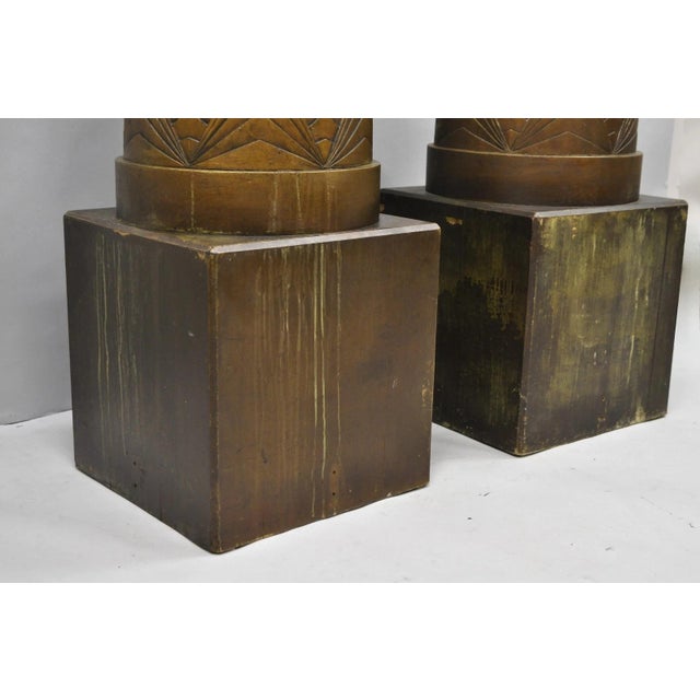 Antique Art Deco 75" Tall Wooden Pedestal Column Geometric Chevron Carved - Pair For Sale - Image 13 of 18