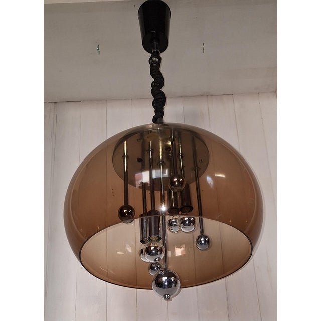 Height-Adjustable Space Age Pendant Lamp with Tinted Acrylic Shade and Chrome-Plated Metal Frame, 1970s For Sale - Image 6 of 8