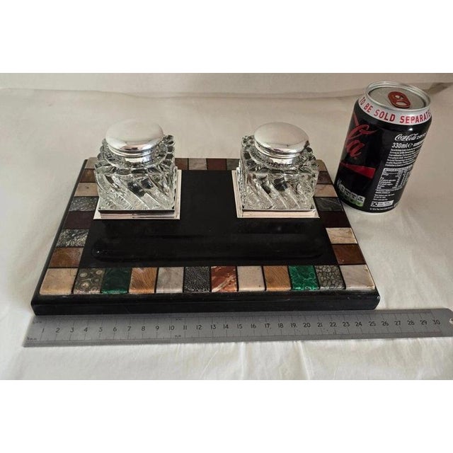 Antique Victorian Ashford Black Marble Pietra Dura Twin Inkwell Stand, 1865 For Sale - Image 17 of 18