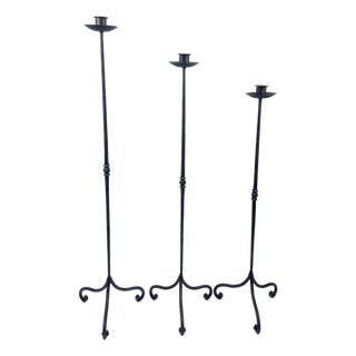 Hand Forged Iron Candelabra Set of 3 (91-111cm) Antique Copper Finish Straight Stem with Classic Scroll Feet For Sale
