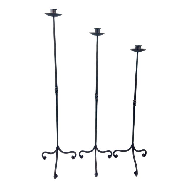 Hand Forged Iron Candelabra Set of 3 (91-111cm) Antique Copper Finish Straight Stem with Classic Scroll Feet For Sale