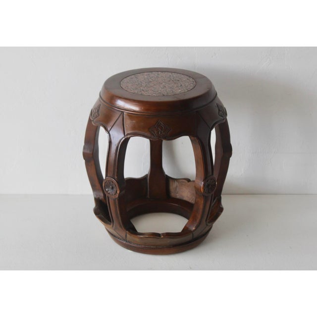 1980s Asian Carved Wood Barrel Stool Plant Stand With Inset Granite Top Vintage For Sale - Image 18 of 18
