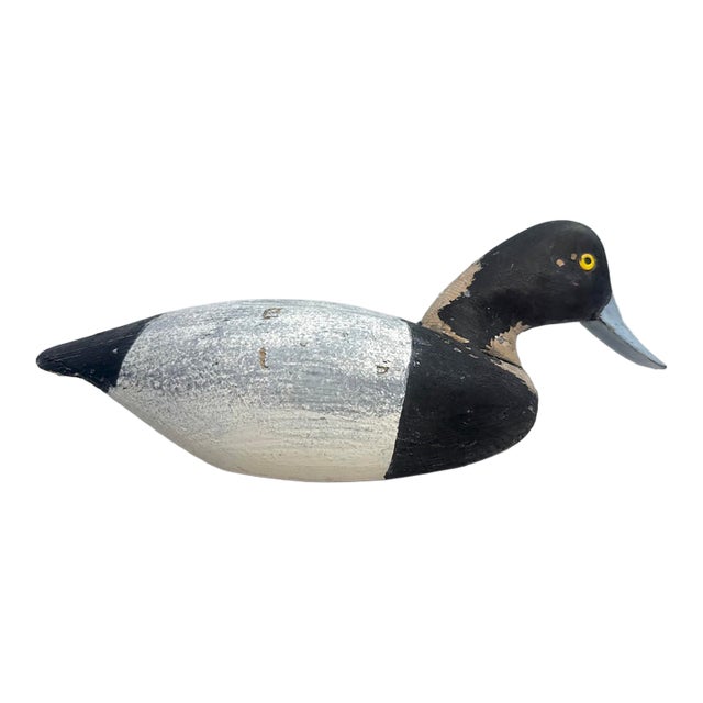 Antique Hand Carved Wood Folk Art Bluebill Drake Duck Decoy Bird Sculpture For Sale