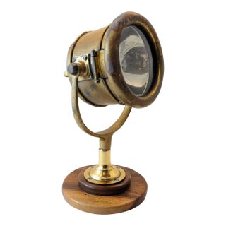 Vintage Brass Yacht Search Light: Nautical Decor With Walnut Base For Sale