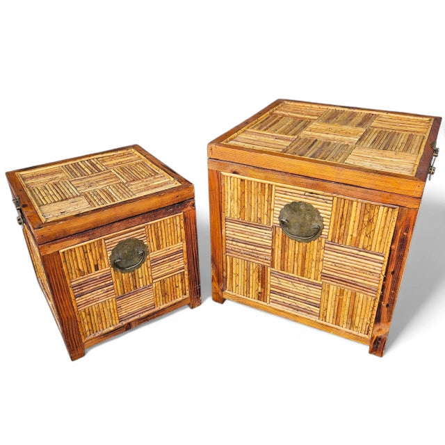 James Mont Set of Vintage Chinoiserie Split-Bamboo Woven Trunks/Chests With Brass Dragon/Phoenix Latches For Sale - Image 4 of 11