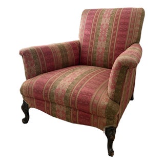 Vintage Traditional English Roll Arm Accent Chair in Rose & Olive Jacquard For Sale