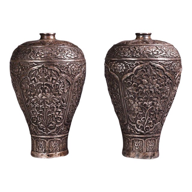 Pair of Vintage Silver-Toned Bronze Vases - Repoussé Floral Motif, Meiping Form For Sale