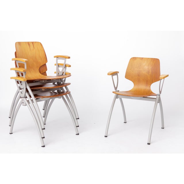 Vintage Industrial Stackable Dining Chairs with Beech Wood Armrests from Pagholz, Germany, 1970s, Set of 4 For Sale - Image 3 of 11
