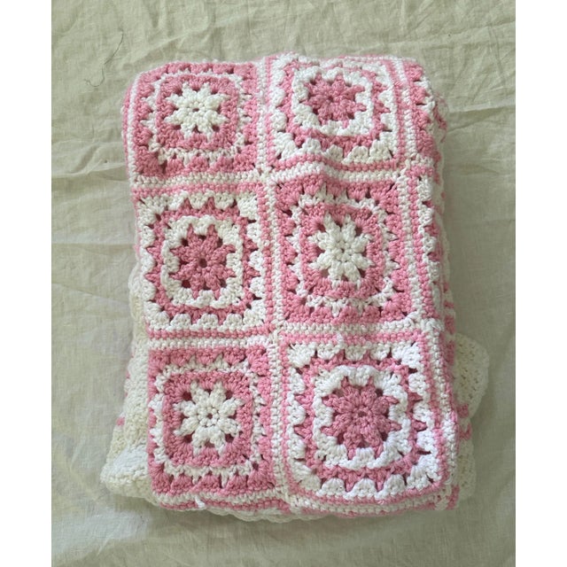 Farmhouse Vintage Pink & White Granny Square Crochet Throw For Sale - Image 3 of 4