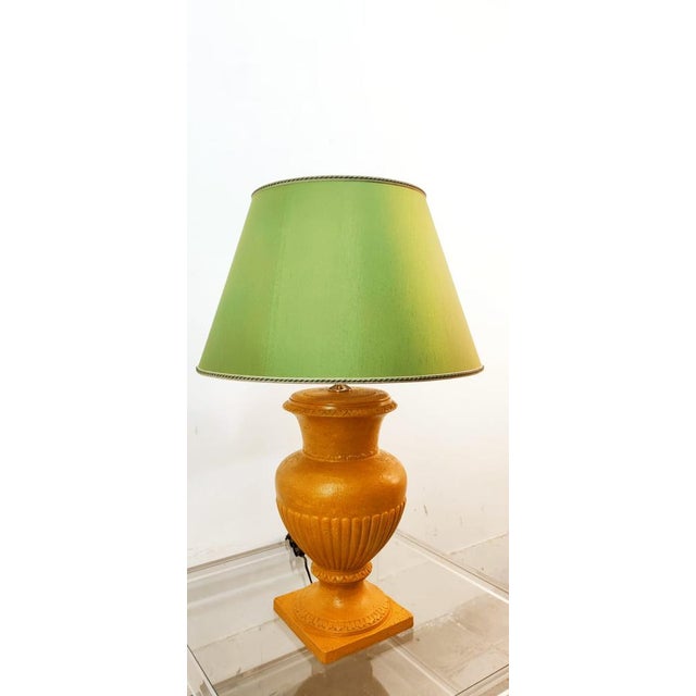 Gold Yellow Ceramic Table Lamp with Green Lampshade For Sale - Image 17 of 18