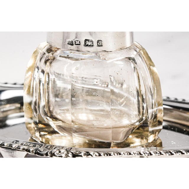 Glass Lovely Edwardian English Antique Sterling Silver Crystal Inkwell Pen Tray Desk Office Home Decor For Sale - Image 7 of 18