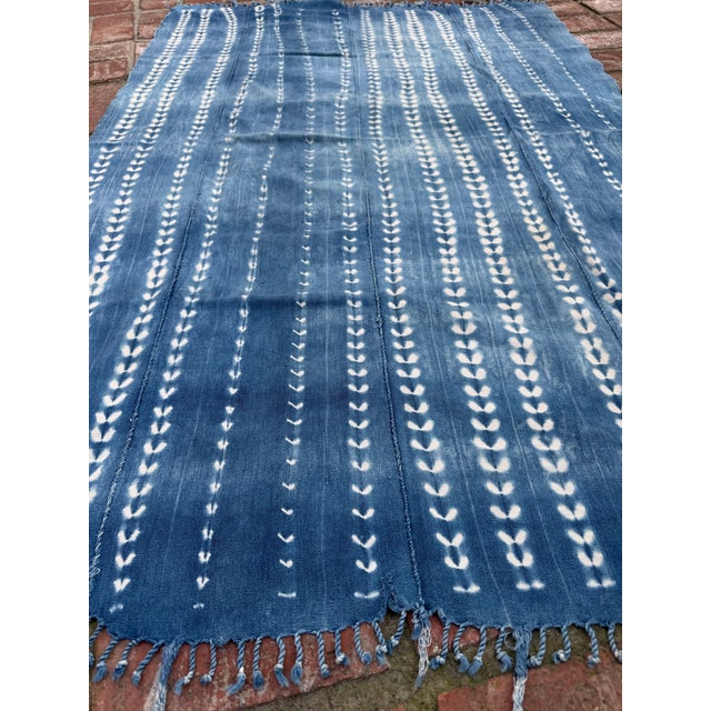 Mid 20th Century Vintage African Faded Indigo Denim Shibori Mudcloth 58”l X 39”w Textile | No.157 For Sale - Image 5 of 6