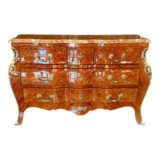 Vintage French Louis XV Style Marble Top Bombe Chest / Commode For Sale