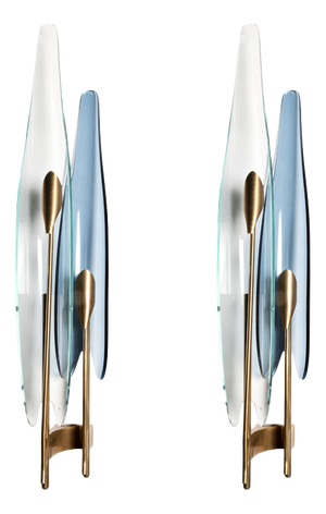 Model 1461 Dahlia Wall Lamps in Brass with Curved and Cut Crystal Diffusers by Max Ingrand for Fontana Arte, 1950, Set of 2