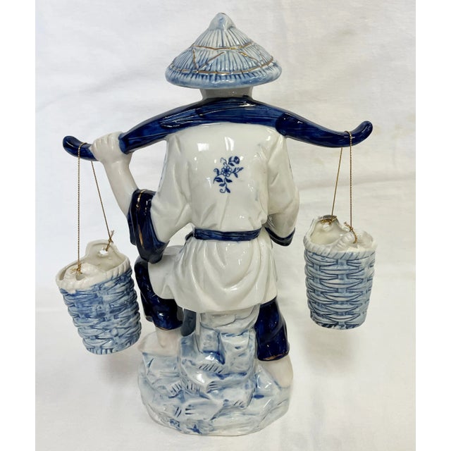 Ceramic Vintage Blue and White Porcelain Asian Figurine Carrying Baskets For Sale - Image 7 of 13
