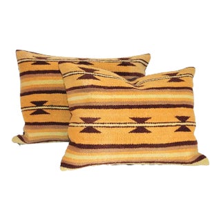 Pair of Mustard and Brown Navajo Indian Weaving Pillows For Sale