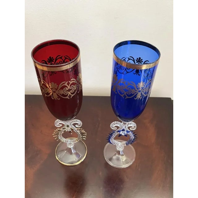 Pair of Murano glass glasses/flutes, Italy, 1980. Intact, small signs of the time.