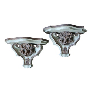 Large Vintage Italian-Style Gilded Celadon Rococo Wall Brackets—A Pair For Sale