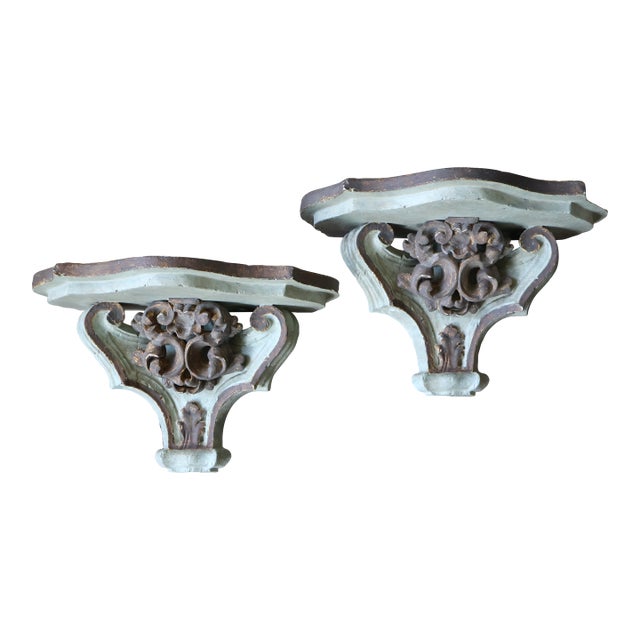 Large Vintage Italian-Style Gilded Celadon Rococo Wall Brackets—A Pair For Sale