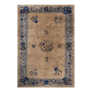 1920s Tan Beige Color With Great Blue Florid Design Antique Chinese Peking Rug For Sale