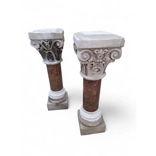 Antique Italian Marble & Sculpted Stone Pedestals From Roman Church Altar - Pair For Sale - Image 4 of 8