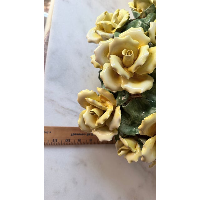 Ceramic Vintage Italian Capodimonte-Style Porcelain Floral Arrangement Yellow Roses and Green Leaves Set Inside a White Textured Ceramic Basket. For Sale - Image 7 of 16