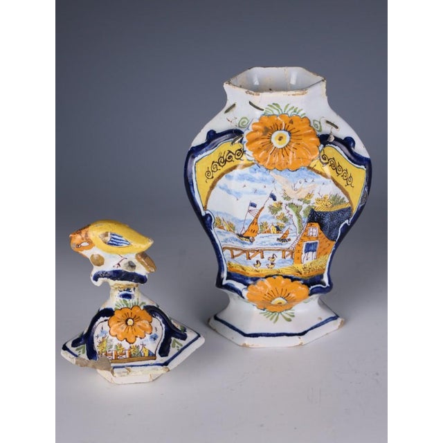 18th Century Dutch Delft Polychrome Covered Pot with Bird Finial, 1760 For Sale - Image 4 of 18
