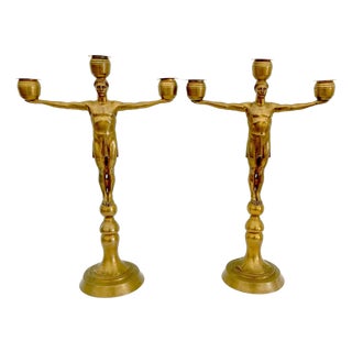 Hans Harry Liebmann, Pair Art Deco Bronze Draped Male Greco-Roman Candelabra For Sale