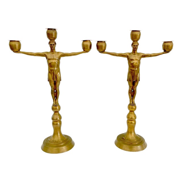 Hans Harry Liebmann, Pair Art Deco Bronze Draped Male Greco-Roman Candelabra For Sale