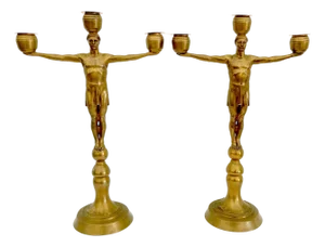Hans Harry Liebmann, Pair Art Deco Bronze Draped Male Greco-Roman Candelabra