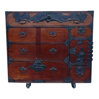 Antique Meiji Wood & Cast Iron Japanese Meiji Tansu Chest Cabinet With Bo Lock & Keys For Sale