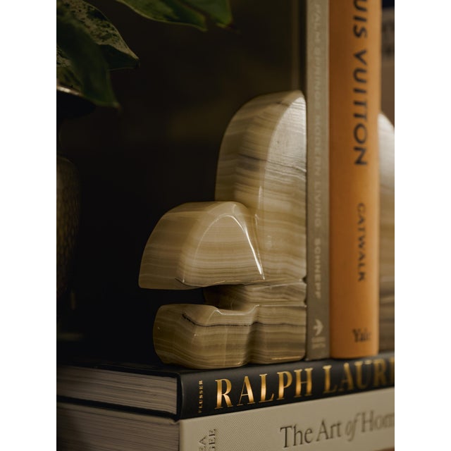 Dove Gray Vintage Hand Carved Striped Onyx Marble Split Fleur De Lis Bookends For Sale - Image 8 of 8
