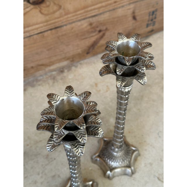 Metal Pair of John Richard Silver Palm Tree Candlesticks Hollywood Regency For Sale - Image 7 of 13