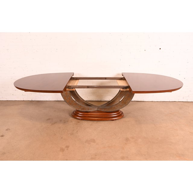 Henredon Art Deco Ash and Burl Wood Parquet Top Pedestal Extension Dining Table, Newly Refinished For Sale In South Bend - Image 6 of 15