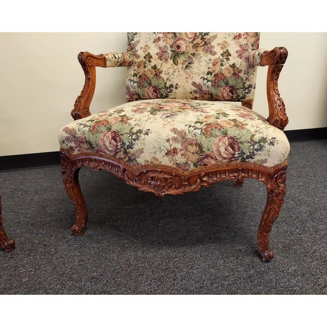 Brown English Carved and Upholstered Arm Chairs & Bolt of Fabric - a Pair For Sale - Image 8 of 9