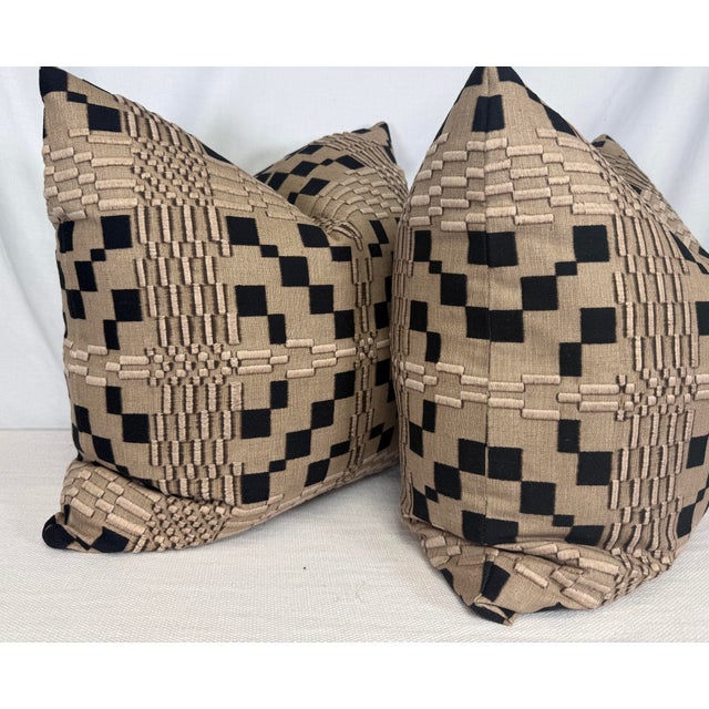 Custom pair of 22" pillows covered in Massoud Furniture fabric "Plaidish" in color stone embroidered fabric. These pillows...