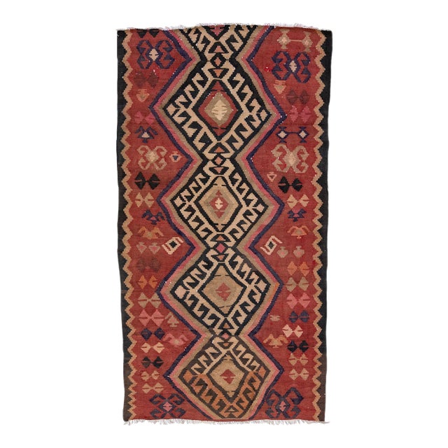 1960s Vintage Turkish Kilim Red Handmade Tribal Wool Rug For Sale