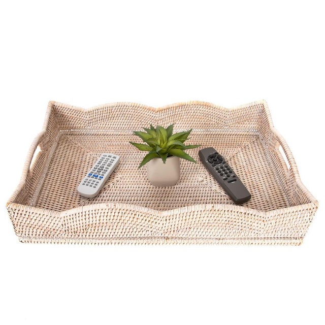 Artifacts Rattan Scallop Collection Rectangular Tray in White Wash - 22" For Sale - Image 4 of 6