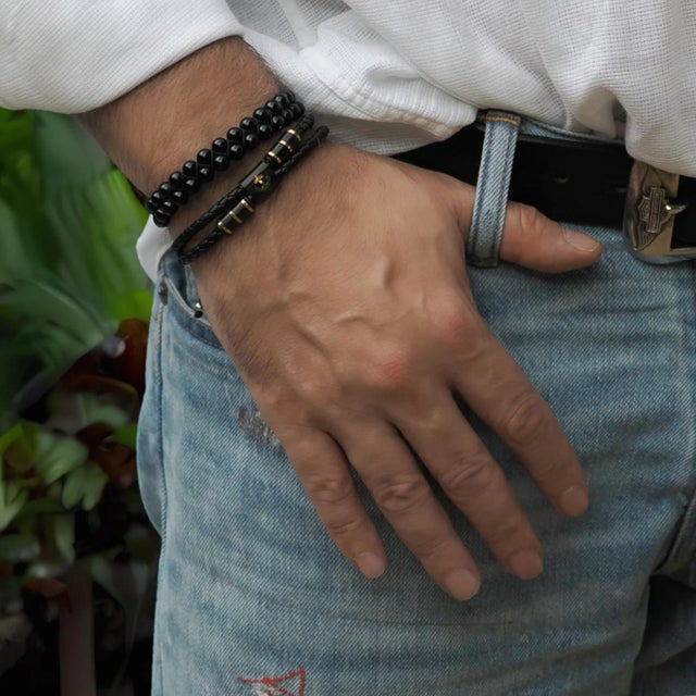 Elevate your style with this Gold Anchor Design Black Leather Men's Style Bracelet, featuring two premium black leather...