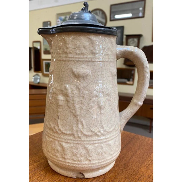 Victorian Stoneware Water Pitcher w/ Pewter Lid c.1900 Beautiful Antique Stoneware Pitcher w/ Pewter Lid - Minor Chip in...