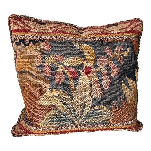 Antique 19th Century French Aubusson Floral Botanical Tapestry Pillow For Sale