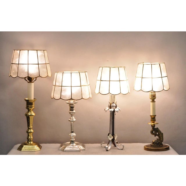 Vintage Italian Hollywood Regency Capiz Shell Gold 7.25 Round Clip on Lamp Shade For Sale - Image 16 of 18